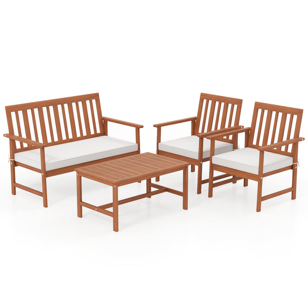 4 Pieces Acacia Wood Furniture Set with Seat Cushions and Robust Wood Frame