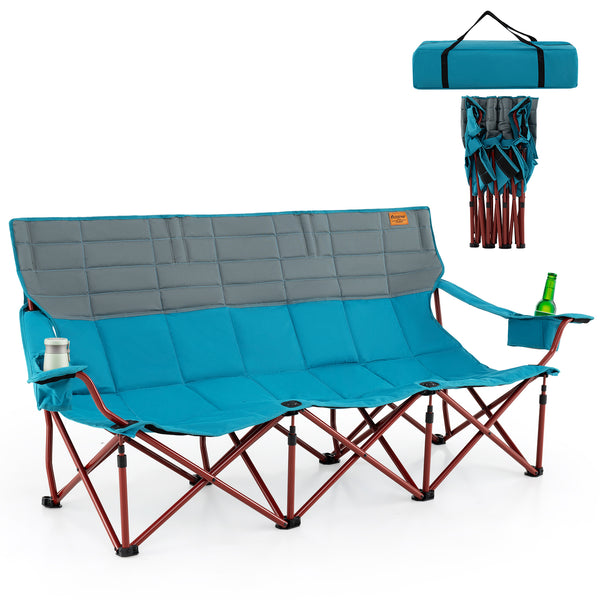 3 Person Folding Camping Chair with 2 Cup Holders Cotton Padding and Storage Bag