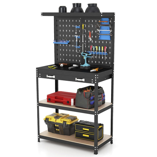Tool Storage Workbench with Pegboard with 14 Hanging Accessories for Garage-Black and Blue