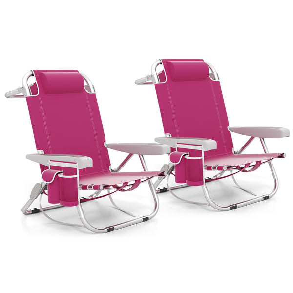 Foldable Backpack Beach Chair with Cup Holder and Storage Pockets Set of 2-Pink