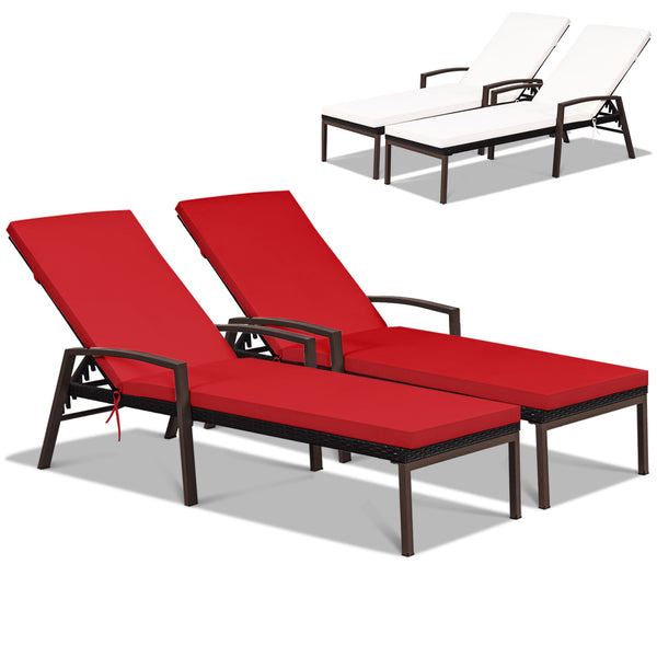 2 Pieces Patio Rattan Reclining Chaise Lounge Chair with Cushion and Armrest