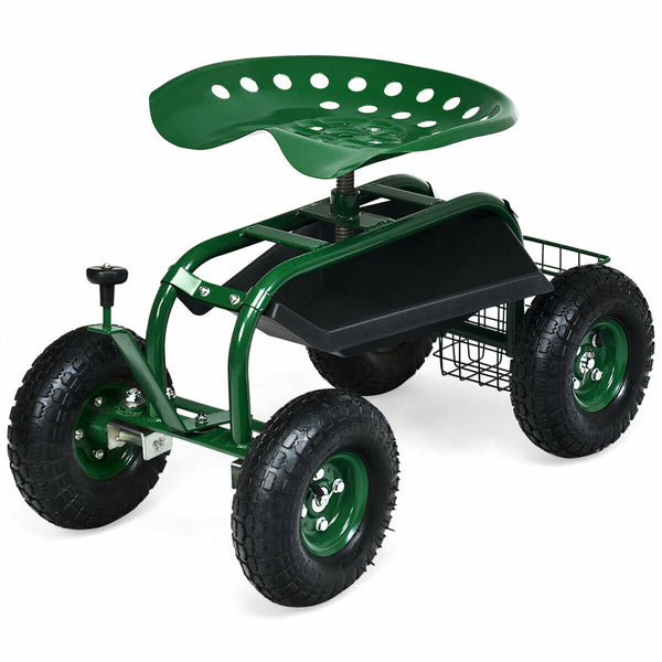 4-Wheel Rolling Garden Cart Work Seat-Green