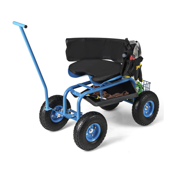 Rolling Garden Cart with Height Adjustable Swivel Seat and Storage Basket-Blue