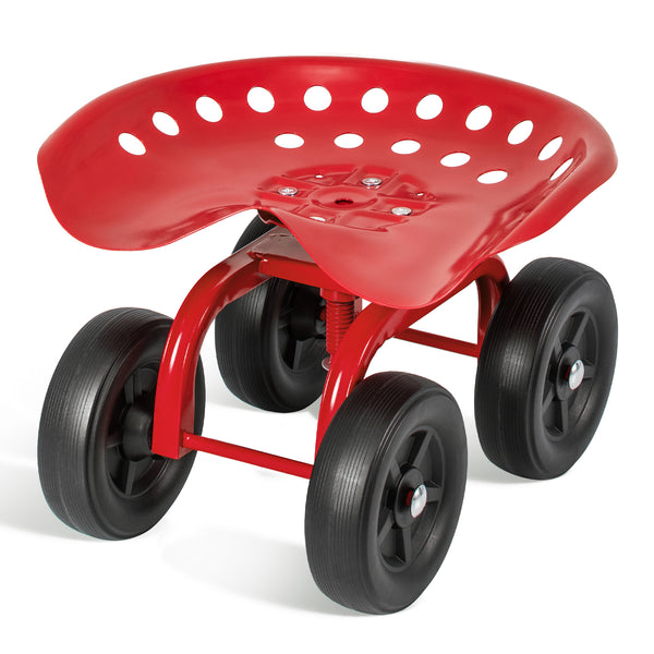 Garden Rolling Workseat with Swivel Seat and Adjustable Height-Red