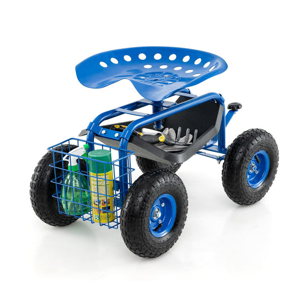 Heavy Duty Garden Cart with Tool Tray and 360 Swivel Seat-Blue