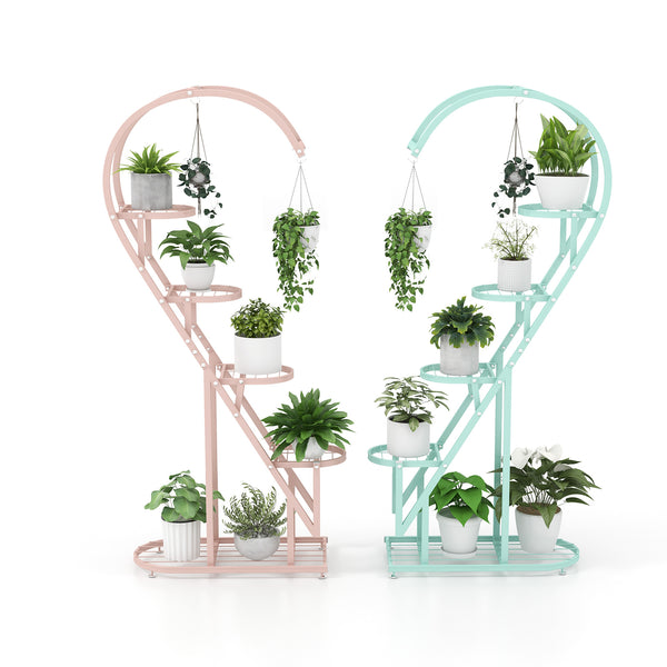 5 Tier Metal Plant Stand with Hanging Hook for Multiple Plants-Pink and Blue
