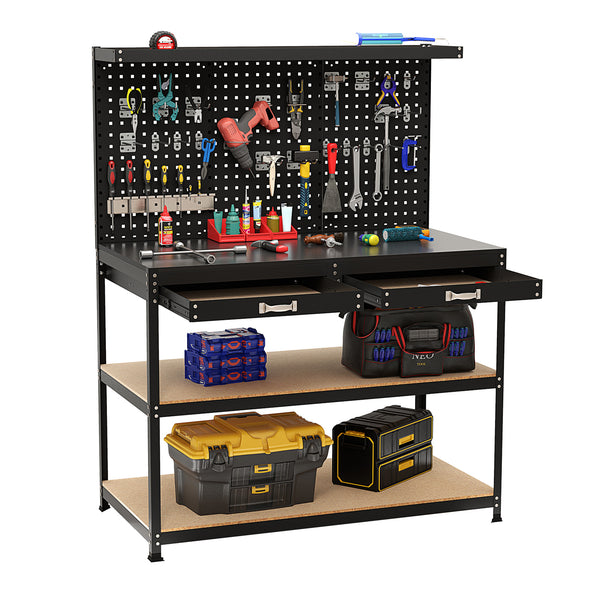 48 x 24 Inch Workbench Work Table with 3 PCs Pegboard Drawer and Shelves-Black