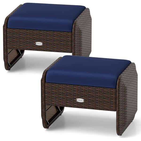 2 Pieces Outdoor Patio PE Wicker Ottomans with Removable Cushions