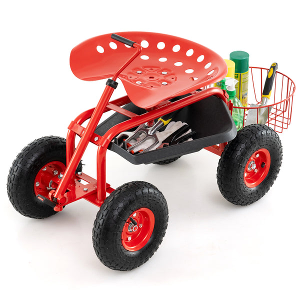 Extendable Handle Garden Cart Rolling Wagon Scooter-Red
