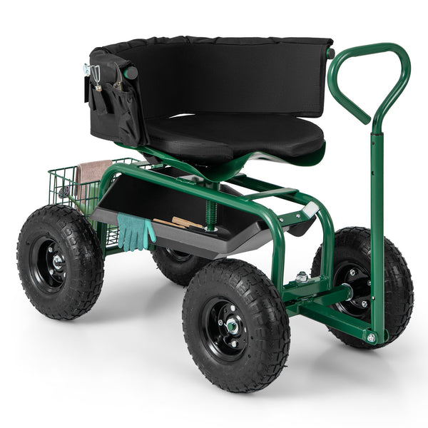 Cushioned Rolling Garden Cart Scooter with Storage Basket and Tool Pouch-Green