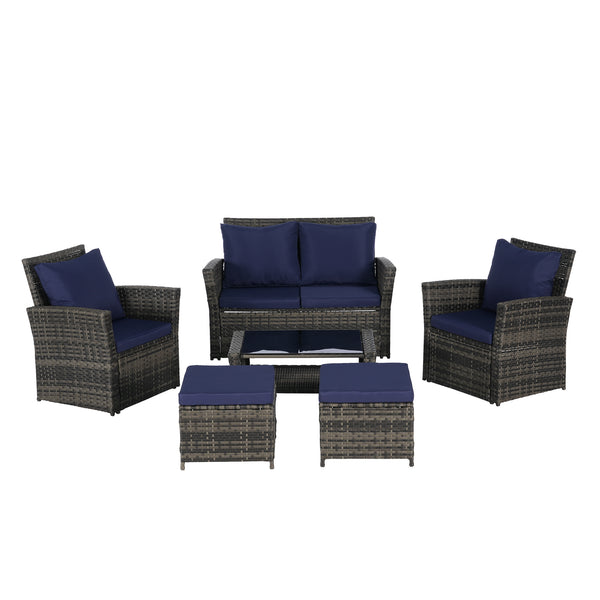 6 Piece Wicker Patio Furniture Set with Ottoman and Tempered Glass Coffee Table