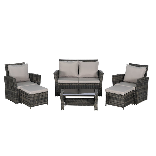 6 Piece Wicker Patio Furniture Set with Ottoman and Tempered Glass Coffee Table