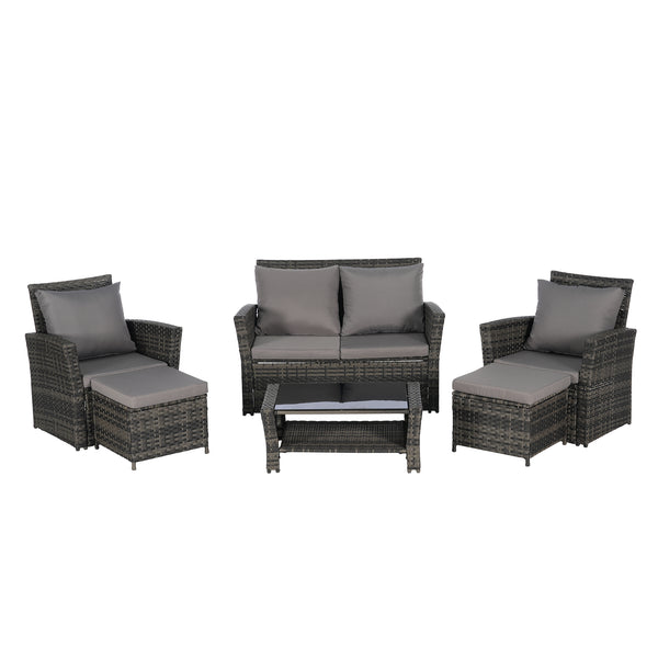 6 Piece Wicker Patio Furniture Set with Ottoman and Tempered Glass Coffee Table
