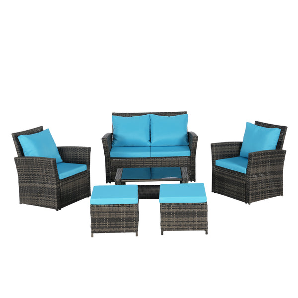 6 Piece Wicker Patio Furniture Set with Ottoman and Tempered Glass Coffee Table