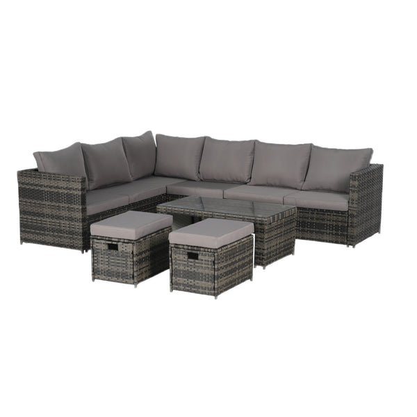 6-Piece Outdoor Patio Sectional Sofa Set with Glass Table, Cushions and Pillows for Backyard and Garden