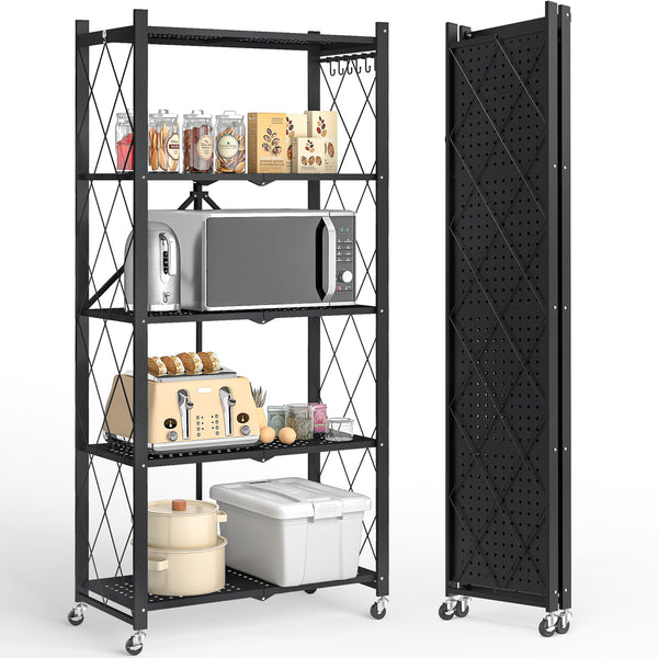 Vebreda 5-Tier Foldable Metal Storage Shelf with Wheels, No-Assembly Collapsible Shelving Unit, Heavy-Duty Rolling Organizer Rack for Kitchen, Garage, Pantry, and Office