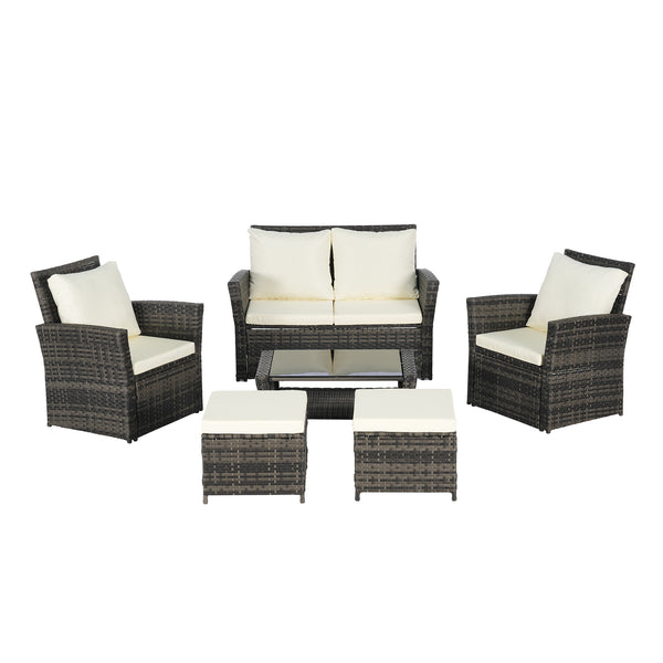 6 Piece Wicker Patio Furniture Set with Ottoman and Tempered Glass Coffee Table