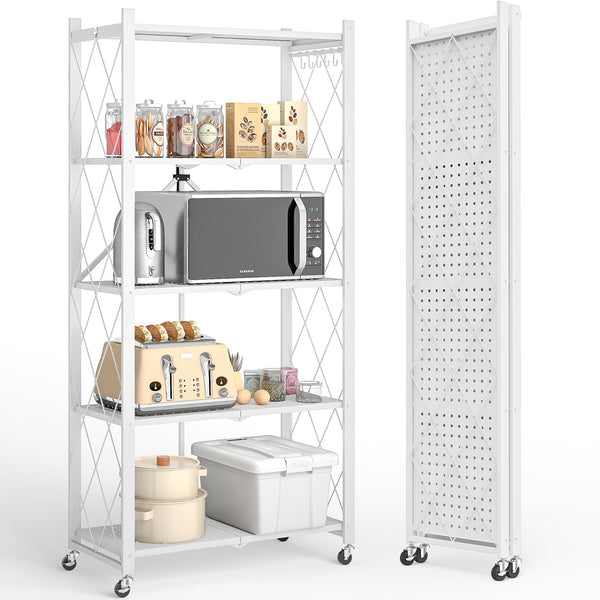 Vebreda 5-Tier Foldable Metal Storage Shelf with Wheels, No-Assembly Collapsible Shelving Unit, Heavy-Duty Rolling Organizer Rack for Kitchen, Garage, Pantry, and Office