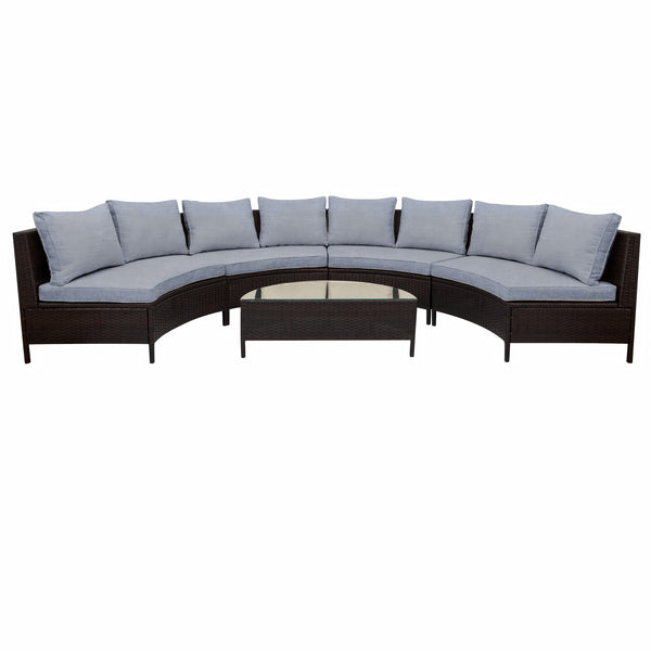 5-Piece Outdoor Sectional Sofa Set with Half-Moon Glass Table, Cushions and Pillows