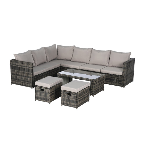 6-Piece Outdoor Patio Sectional Sofa Set with Glass Table, Cushions and Pillows for Backyard and Garden