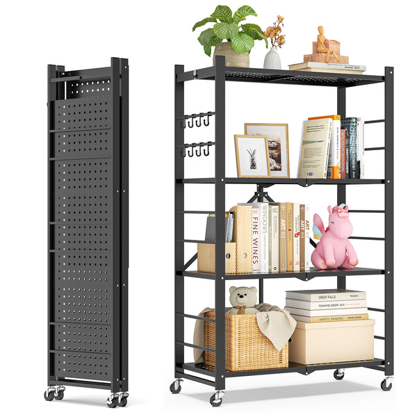 Vebreda 4-Tier Foldable Metal Storage Shelf with Wheels, No-Assembly Collapsible Shelving Unit, Heavy-Duty Rolling Organizer Rack for Kitchen, Garage, Pantry, and Office