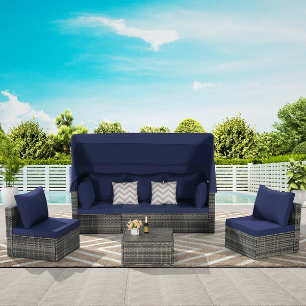 5 Piece Outdoor Daybed Set with Retractable Canopy and Side Table
