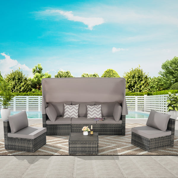 5 Piece Outdoor Daybed Set with Retractable Canopy and Side Table