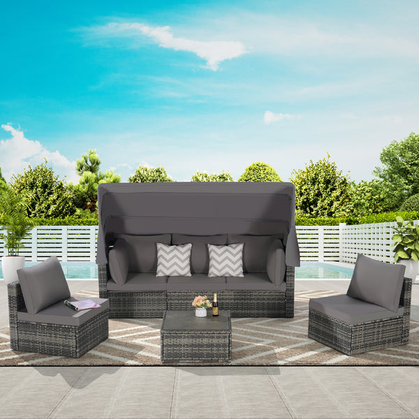 5 Piece Outdoor Daybed Set with Retractable Canopy and Side Table