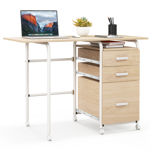 Folding Computer Desk with Wheels and 3 Drawers for Home Office