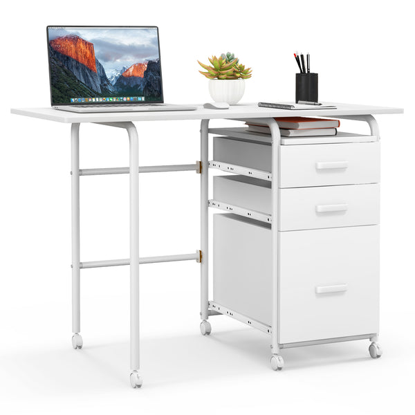 Folding Computer Desk with Wheels and 3 Drawers for Home Office and Study