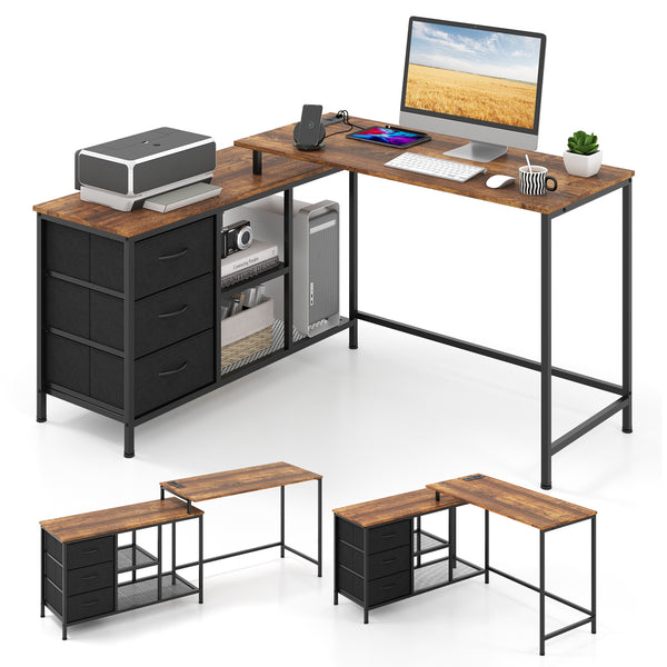 L-shaped Computer Desk with Power Outlet for Working Studying Gaming
