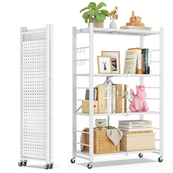 Vebreda 4-Tier Foldable Metal Storage Shelf with Wheels, No-Assembly Collapsible Shelving Unit, Heavy-Duty Rolling Organizer Rack for Kitchen, Garage, Pantry, and Office