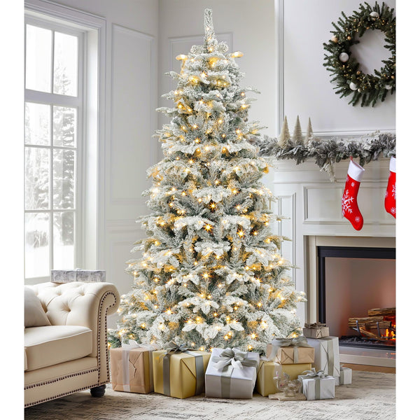 Vebreda 6FT Pre-Lit Snow Flocked Christmas Tree with 300 Multi-Mode LED Lights, 1350 PE & PVC Branch Tips, Artificial Xmas Tree with Hinged Design and Metal Stand for Home, Office & Party D¨¦cor