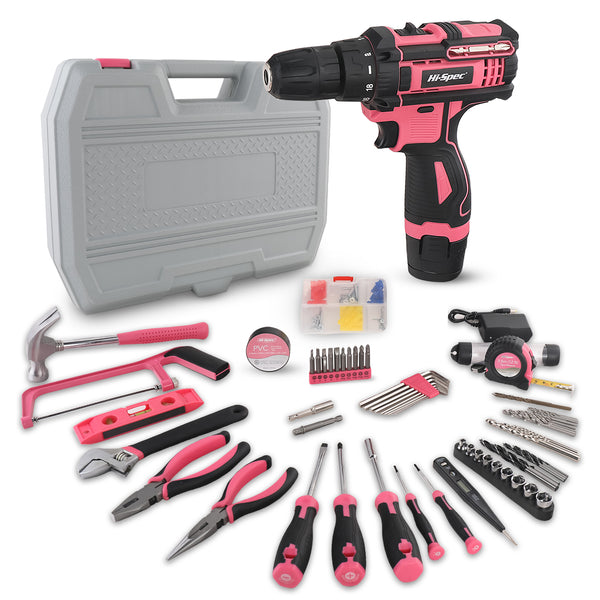 121-Piece Home Tool Set with 12V Cordless Drill ¨C Pink and Black DIY Kit with Storage Case