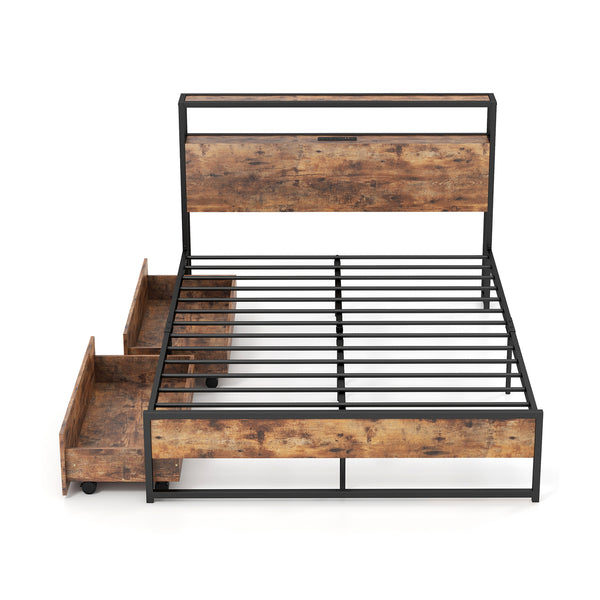 Full Bed Frame with 2-Tier Storage Headboard and Charging Station-Full Size