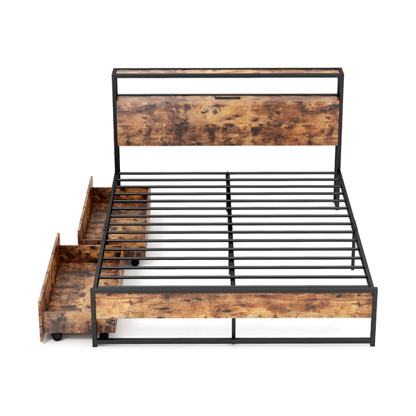 Queen Bed Frame with 2-Tier Storage Headboard and Charging Station-Queen Size