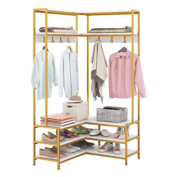 Corner Garment Rack with Open Shelves and 7 Hooks Shoe Bench