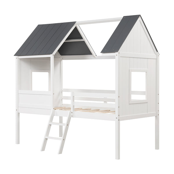 Twin Size Kids House Bed Frame with Roof Design, Low Loft Style