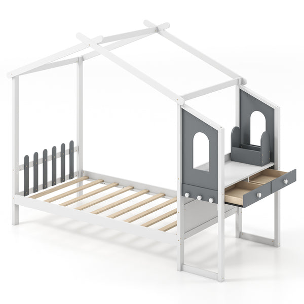 Full-Size Kids Bed Frame with House Roof, Canopy, and Fence Design