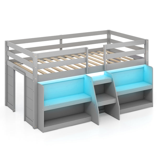 Twin Size Loft Bed with LED Lights with Staircase and Safety Guardrail