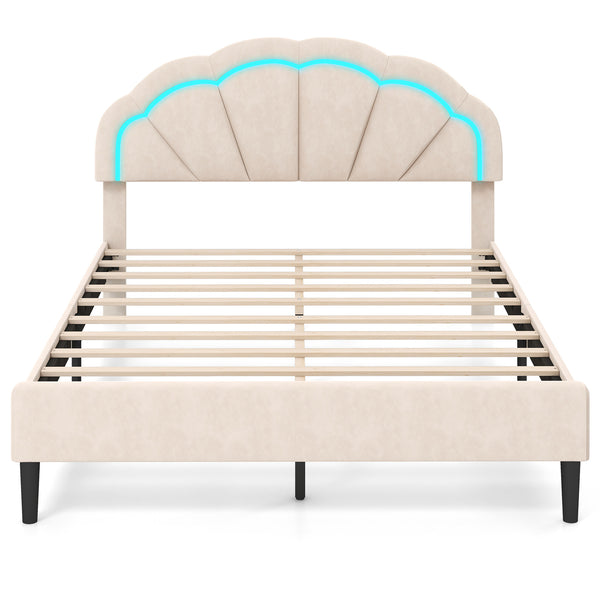 Upholstered LED Bed Frame with Adjustable Flower Headboard and Metal Support Feet-Queen Size