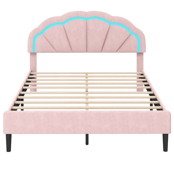 Queen Size Upholstered LED Bed Frame with Adjustable Flower Headboard and Metal Support Legs
