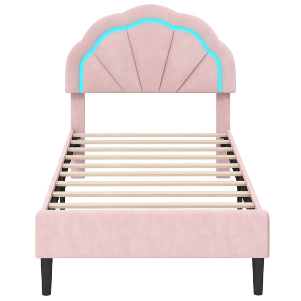 Twin Size Upholstered LED Bed Frame with Adjustable Flower Headboard and Metal Support Legs