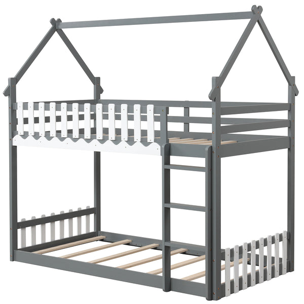 Twin Over Twin Bunk Bed with Fence and Ladder for Kids