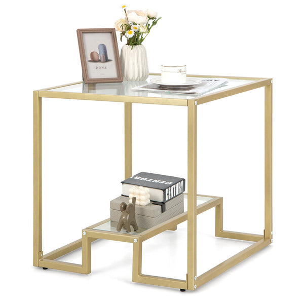 22 Inch 2-Tier Square Sofa Side Table with Tempered Glass Tabletop