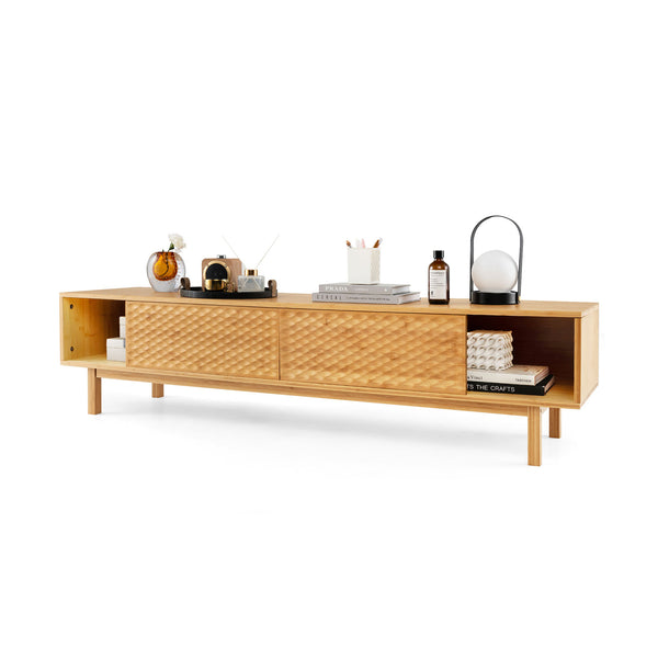 63 Inches Mid Century Modern Bamboo TV Stand with Sliding Doors