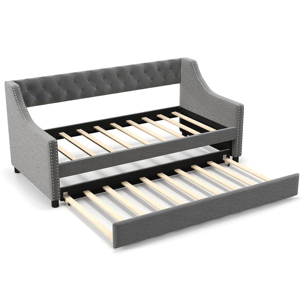 Twin Size Daybed with Trundle Sofa Bed with Curved Armrests and Backrest