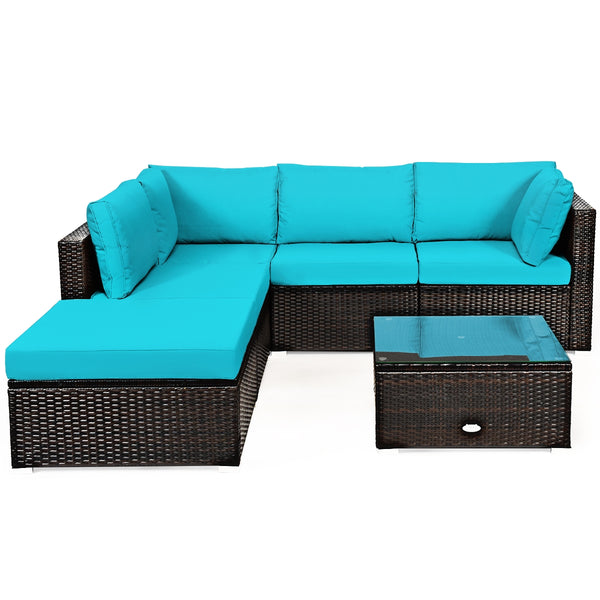 6 Pieces Outdoor Patio Rattan Furniture Set Sofa Ottoman