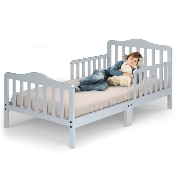 Classic Design Kids Wood Toddler Bed Frame with Two Side Safety Guardrailss