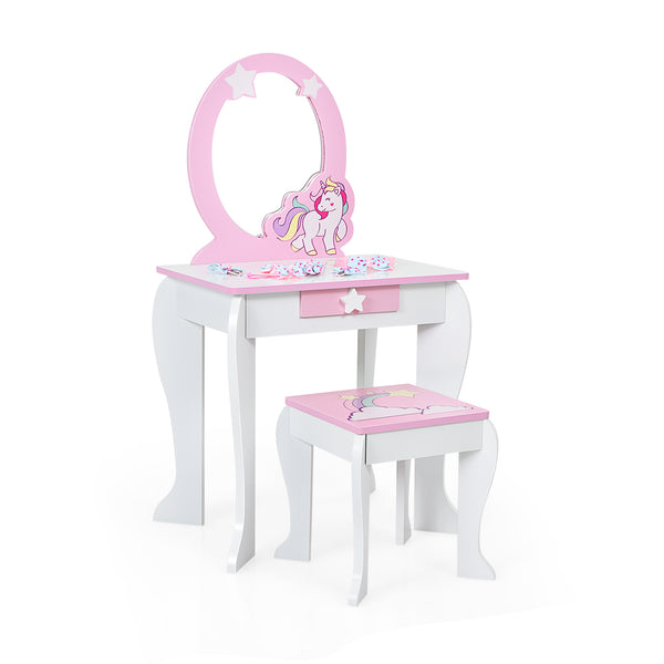 Kids Vanity Set with Mirror, Drawer, and Chair for Makeup and Dressing